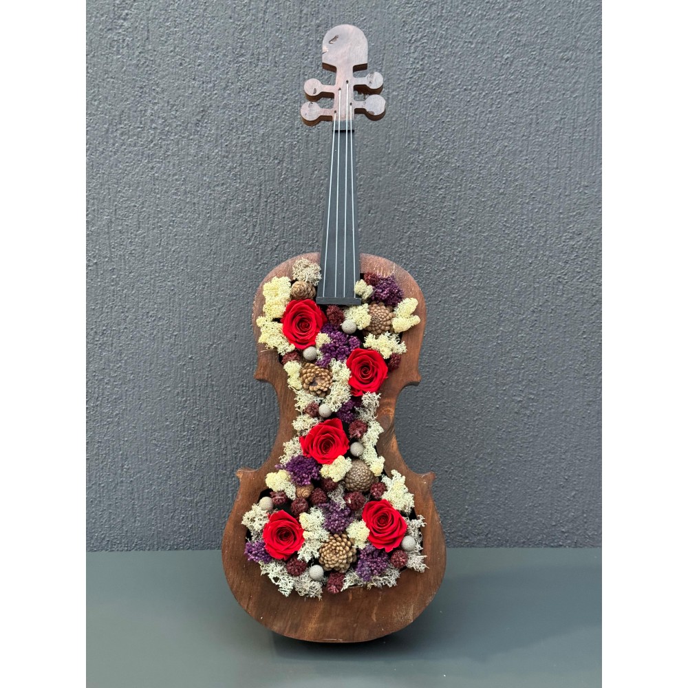 DEKORATİF AHŞAP KEMAN KIRMIZI SOLMAYAN GÜL